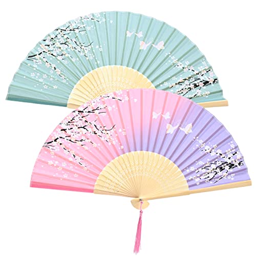 Handfächer Falten 2Pcs Chinesisch Seide Stoff Handfächer mit Quaste für Frauen Männer Klassische Bambus Handfächer für Hochzeit Party Geschenke Tanz Chinesisch Dekorationen (Blau und Violett) von Hileyu