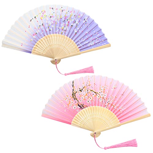 Handfächer Falten 2Pcs Chinesisch Seide Stoff Handfächer mit Quaste für Frauen Männer Klassische Bambus Handfächer für Hochzeit Party Geschenke Tanz Chinesisch Dekorationen (Rosa und lila) von Hileyu