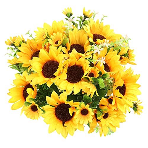 Künstliche Sonnenblumen 4 Bünde realistische Sonnenblumenstrauß, Kunstseide, Sonnenblumen, realistische Pflanzen für Zuhause, Hochzeit, Garten, Party, Büro, Innen- und Außenbereich, Blumenarrangement von Hileyu