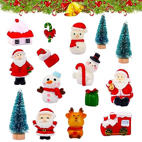 Weihnachten Miniatur Dekorationen 15PCS Weihnachten Harz Ornament Miniaturen Figuren Schneemann, Santa, Rentier Weihnachtsbäume Mini Weihnachtsdorf für Weihnachten Urlaub Kinder Home Decor von Hileyu
