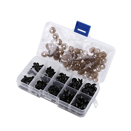 Packung mit 100 Sets Plastikpuppenaugen, Schwarze Sicherheitsaugen mit Unterlegscheiben Sets für Puppenherstellung, 6,8,9,10,12mm von Hilitand