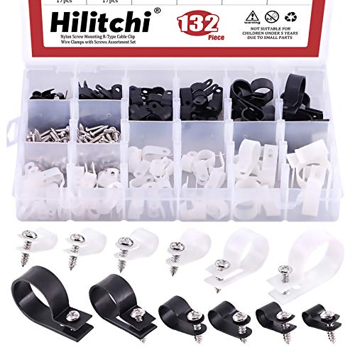 Hilitchi 132 Stück 6 Größen schwarz und weiß Kunststoff Kabelschellen R-Typ-Schraubbefestigung Kabelklemmen Sortiment Kit mit Schrauben für Kabelmanagement Kabelkanal (Clips von 6 mm bis 23 mm) von Hilitchi