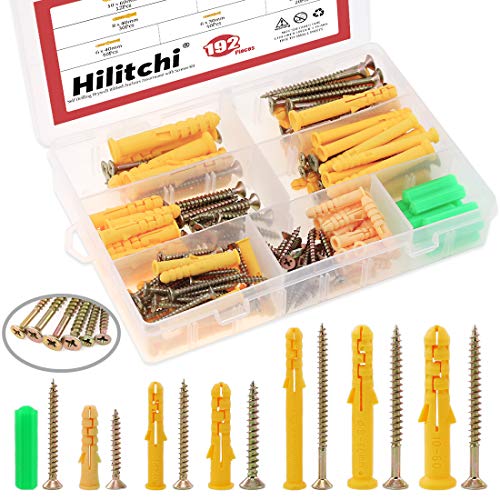 Hilitchi 192-Stück [7 Größen] geriffelte Kunststoffdübel Sortiment Kit mit Philips selbstschneidende Schrauben Set für Trockenbau von Hilitchi