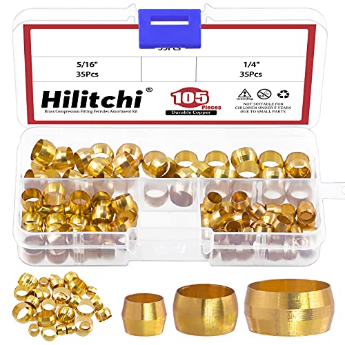 Hilitchi 3 Größen Rohrdurchmesser 1/4 5/16 3/8 Messing Kompressionshülsen Ferrules Compression Fitting Kit (SAE, 105pcs) von Hilitchi