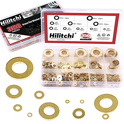 Hilitchi 350 Stück [10 - Größe] Messing Flachscheiben Sortiment Set – M2 M2.5 M3 M4 M5 M6 M8 M10 M12 M14 von Hilitchi