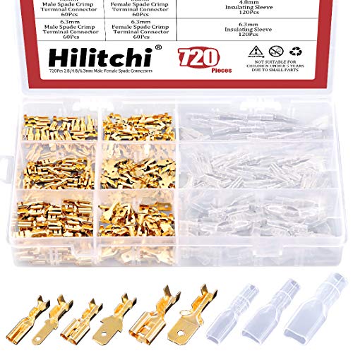 Hilitchi 720 Stück Gold Schnellspleißverbinder männlich und weiblich Draht Flachstecker Draht Crimp Terminal Block mit Isolierhülse für elektrische Verkabelung Auto Audio Lautsprecher 2,8 mm 4,8 mm von Hilitchi