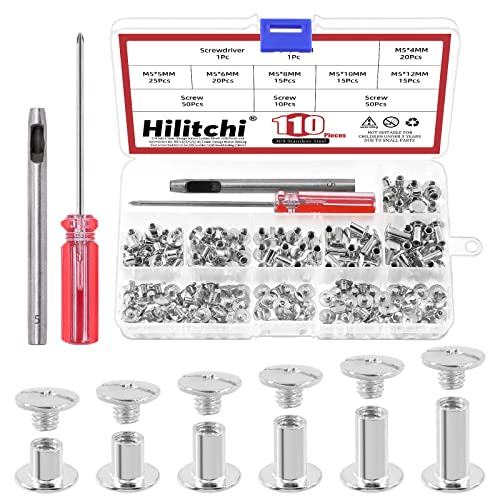 Hilitchi Chicago-Schrauben, Flachkopfschrauben, Ledernieten, Karbonstahl, runde Bindeschrauben, Nieten, Nagelnieten, Ledernieten, Schraubverschluss mit Montagewerkzeug (M5 x 4,5,6,8,10,12), 110 Sets von Hilitchi