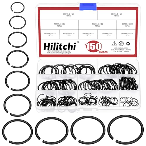 Hilitchi GB895.2 Runddraht-C-Clips, 10 Größen, schwarze interne Sprengringe, runde Draht-Sprengringe, Sortiment-Set für Lochschaft, 150 Stück von Hilitchi