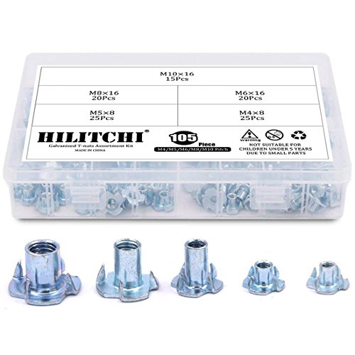 hilitchi 105-pcs M4 5 6 8 10 Zink vergoldet Stahl T-Nut Vier Claw Muttern Sortiment Kit für Holz Klettern Schutzlack für Möbel von Hilitchi
