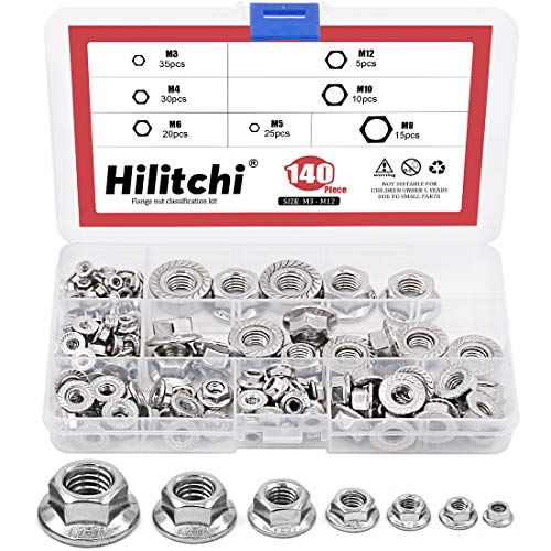 hilitchi 140-pcs M3 M4 M5 M6 M8 M10 M12 Hex Flansch Muttern Sortiment Kit – 304 Edelstahl hilitchi 140-pcs M3 M4 M5 M6 M8 M10 M12 Hex Flansch Muttern Sortiment Kit – 304 Edelstahl von Hilitchi