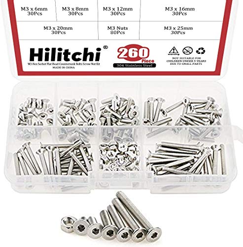 hilitchi 210-piece Metrisches M2 Innensechskant flach Senkkopf Schrauben Schraube Mutter Sortiment Kit – 304 Edelstahl (M2) von Hilitchi