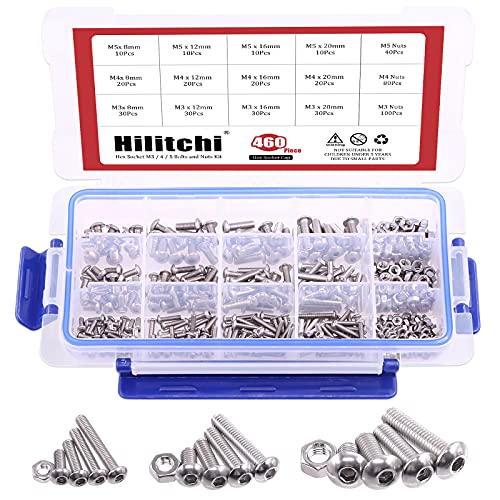 hilitchi 460-piece M3 M4 M5 Edelstahl Button Kopf Innensechskant Kopf Cap Schrauben Schrauben Muttern Sortiment Kit hilitchi 460-piece M3 M4 M5 Edelstahl Button Kopf Innensechskant Kopf Cap Schrauben Schrauben Muttern Sortiment Kit von Hilitchi