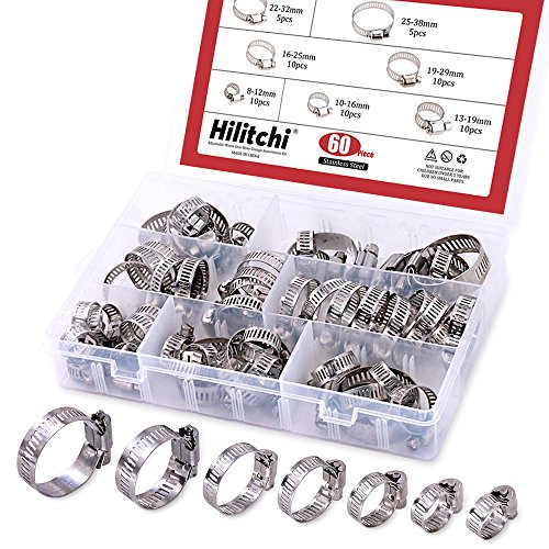 hilitchi 60 Stück verstellbar 8–38 mm Range Edelstahl Worm Gear Schlauchschellen Sortiment Kit von Hilitchi