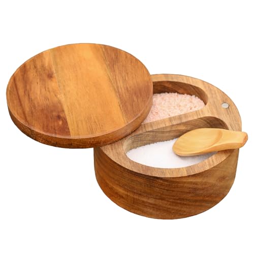 HillSpring Mehrzweck-Gewürzbox, Akazienholz Salz- und Pfefferstreuer mit Magnetischem Drehdeckel und Mini-Löffeln, 2-Fach-Behälter, Küchendeko, 12,1 cm von HillSpring