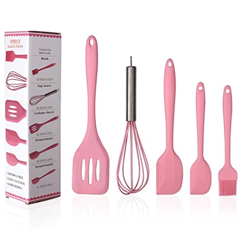 Hillento Silikon Küchengerät gesetzt Geschirr 5pcs Silikon Küchenutensilien Spachtel Bürste Kochutensilien gesetzt, einfach und sauber zu verwenden, rosa von Hillento