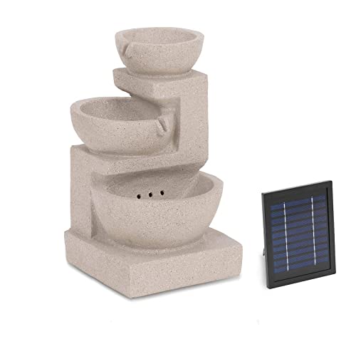 hillvert HT-SF-121 Solar Gartenbrunnen 3 Schalen auf Tonmauer LED-Beleuchtung Lithium-Akku 5 m Kabel Polyresin Wasserspiel Solar Solarbrunnen Garten von Hillvert