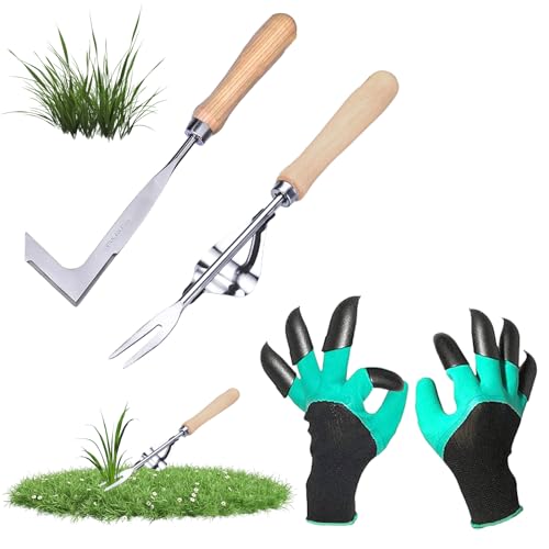 Hillylolly 2 Stück Unkrautjäter Edelstah, Handjätgerät für Den Gartenl, Unkrautstecher mit Holzgriff, Unkraut Werkzeug, Garden Weeder, Unkraut Messer am Stiel,Unkrautmesser Fugenkratzer für Unkraut von Hillylolly