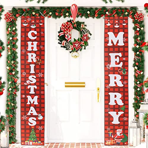 Hillylolly Weihnachtsbanner 180 * 30cm Weihnachtsschilder, Merry Christmas Banner, Hängend Weihnachten Deko Für Drinnen Draußen Tür Haustür Veranda (Gitter) von Hillylolly