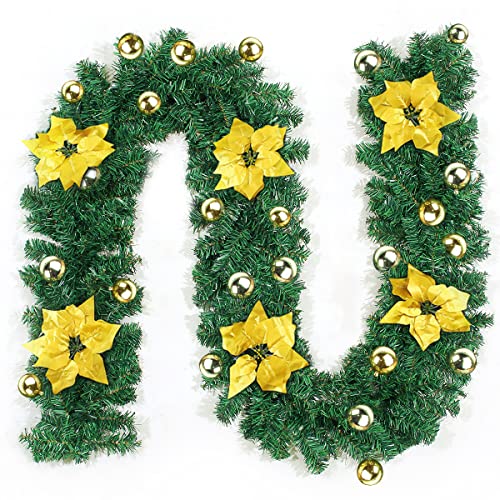 Tannengirlande Hillylolly Tannengirlande Künstlich, Weihnachtsgirlande Aussen, Girlande Weihnachten, Weihnachtsdeko Girlande mit golden Blumen und Kugeln für Kamine Treppen Wand Tür-2.7m von Hillylolly