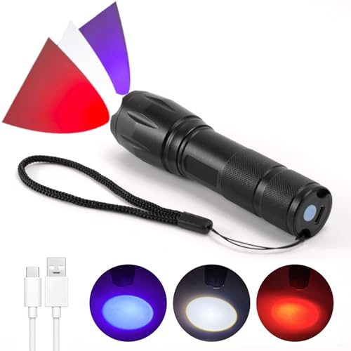 Wiederaufladbare LED-Taschenlampe, superhelle kleine zoombare Rotlicht-Taschenlampe mit 395 nm Schwarzlicht, UV-Lichter, Taschenlampen, USB-C-Ladung für Camping, Wandern, Zuhause, Notfall von Hilngav