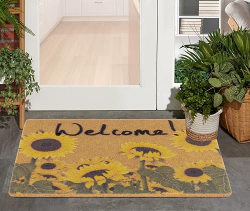 HilyBony Welcome Sonnenblumen-Fußmatte für den Außenbereich, natürliche Kokosfaser-Palmen-Fußmatte, Heimdekoration für Veranda (76,2 x 43,2 cm) von HilyBony