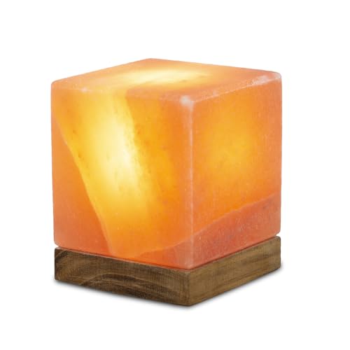 HIMALAYA SALT DREAMS Beleuchteter Salzkristall Kubus mit Holzsockel, Kristallsalz aus Punjab/Pakistan, Orange, ca. 10 x 10 x 12 cm, 3-Einheiten von Himalaya Salt Dreams