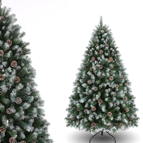 180cm Vorgeschmückter Weihnachtsbaum für Zuhause, Büro und Partydekoration 1.000 PVC Zweigspitzen,Teilweise Schneebedeckt Design, Tannenzapfen, Metallscharniere und Basis-Grün/Weiß von Himimi