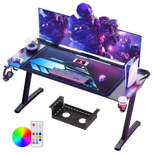 Himimi 160x70 cm Gaming Tisch, Gaming Schreibtisch mit LED, PC Tisch Gaming mit Kohlefaseroberfläche, Gamer Tisch mit Kabelaufbewahrungsbox, Getränkehalter und Kopfhörerhaken, Schwarz von Himimi