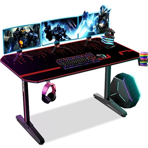 Himimi 140cm Gaming Tisch, 140x60x75 cm Ergonomischer Gaming Schreibtisch, PC Gamer Computer Tisch mit großer pad, Becherhalter, Kopfhörerhaken, Kabelmanagement & Gaming Griffgestell für Home Office von Himimi