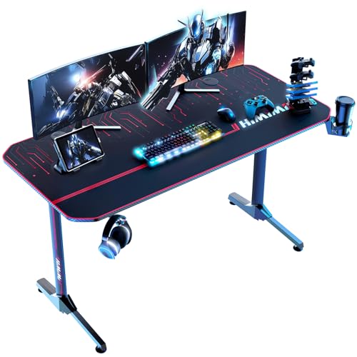 Himimi Gaming Schreibtisch 140x60 cm, Ergonomischer Computertisch mit Vollflächigem Mauspad, Kohlefaserbeschichtung, Getränkehalter, Kopfhörerhaken & Gaming-Griffgestell, Robustes T-Frame-Design von Himimi