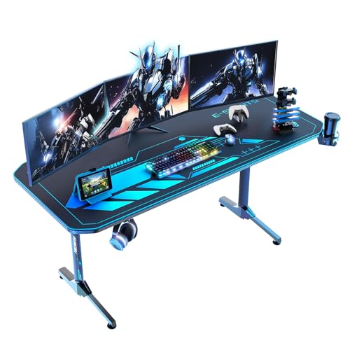 Himimi Gaming Schreibtisch 160x75 cm, Ergonomischer Computertisch mit Vollflächigem Mauspad, Kohlefaserbeschichtung, Getränkehalter, Kopfhörerhaken & Gaming-Griffgestell, Robustes T-Frame-Design von Himimi