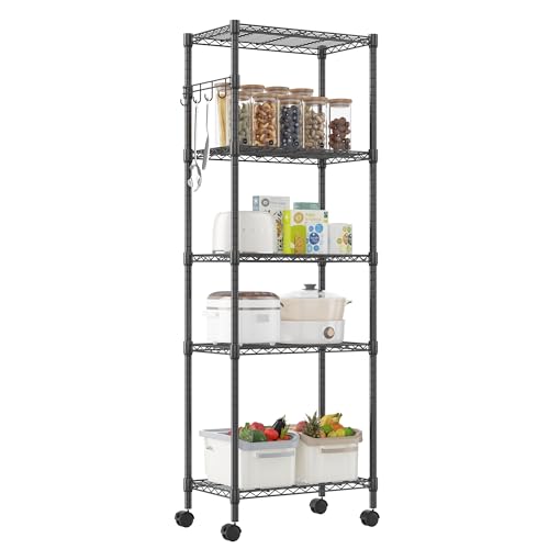Himimi Regal mit Rollen, Metallregal auf Rollen, Höhenverstellbar Drahtregal, Stehend Lagerregal mit 5 Regalböden, Standregal Rollregal für Küche Badezimmer Speisekammer, 35T x 59B x 183H cm, Schwarz von Himimi