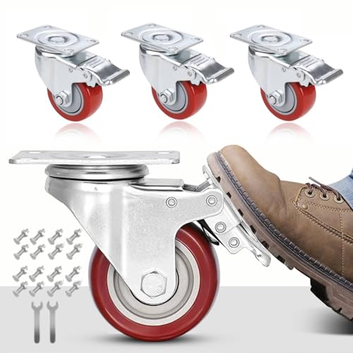 Himimi 4er-Set 75mm Schwerlastrollen mit Bremse, Belastbare Möbelrollen mit 400kg Tragkraft, Rollen 360° drehbare Transportrollen, Rollen Schwerlast, Lenkrollen inklusive Schrauben und Mutter, Rot von Himimi