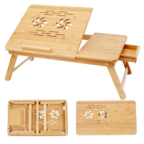 Lap Desk, Laptop-Schreibtisch für Bett, Laptoptisch,Bambus Notebooktisch,5 Neigungswinkel,Höhenverstellbarer Winkel Faltbarer Laptopständer Tisch fürs Bett mit Aufbewahrungsschublade,Frühstückstablett von Himimi