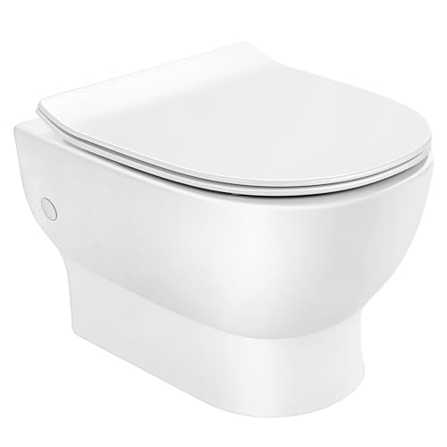 Modernes Wand-WC-Set, Toilettenschüssel Hygienisches spülrandloses Design ohne Spülrand, Keramik, Weiß，Inklusive abnehmbarem WC-Sitz mit Soft-Close-Funktion von Himimi