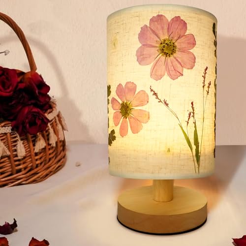 Getrocknete Blumen Tischlampe 5W LED 3 Farbe gepresste Blume Nachttischlampe Leinen Schatten Tischleuchte mit Holzbasis für Schlafzimmer Wohnzimmer Schreibtisch Büro von Himmel