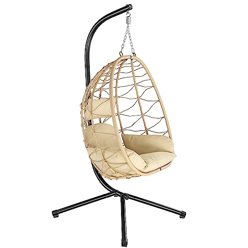 HinHocker Hängesessel mit Gestell | Creme | Hängeschaukel für Indoor und Outdoor | Inkl. Kissen und Auflagepolster | Korbsessel, Hängesessel Terrasse, Ei Stuhl, Hängekorb Sessel, Traumschwinger von HinHocker