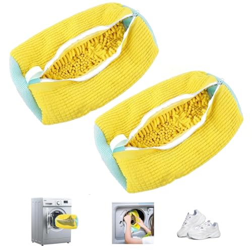 Hinapan 2 Stück Schuhwaschbeutel für Waschmaschine und Trockner, Wiederverwendbar Robuster Waschbeutel mit Reißverschluss, 360° Reinigung und Stoßschutz (Gelb) von Hinapan