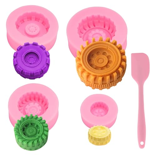 Hinapan 4 Stück 3D Reifen Fondant Form und 1 Silikon Spatel, Runde Reifen Rad Silikonformen, Zahnrad-Form, Kuchendekoration, Süßigkeiten, Seife von Hinapan
