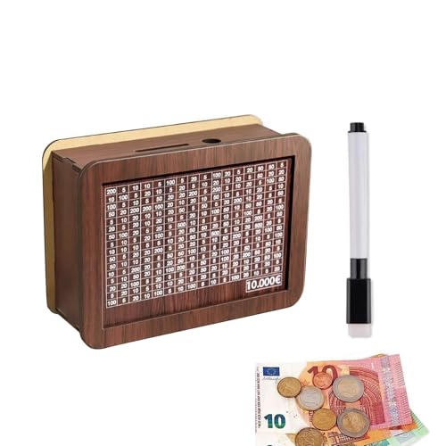Hinapan Holz-Spardose mit Sparziel-Zähler, 1 Stück Geldbox mit Theke, Münzbank mit Zielnummern, Kreative Geldbox für Erwachsene und Kinder, Wiederverwendbar (10.000€) von Hinapan