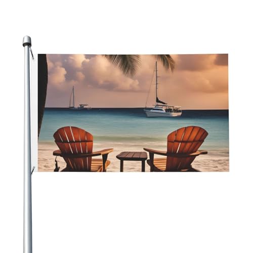 Gartenflagge mit Palmenmotiv, Motiv: Strandpalme, Stühle, Boote, 90 x 152 cm von Hingor