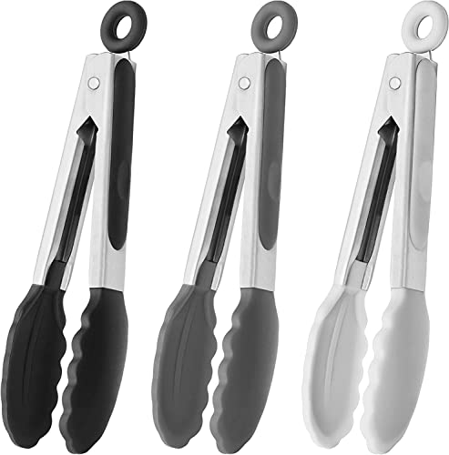 HINMAY 17,8 cm kleine Silikonzange, Mini-Servierzange, Küche, Kochzange, 3er-Set (schwarz, grau, weiß) von HINMAY