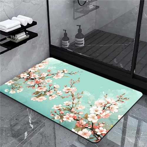 Badezimmerteppich, Badematte Rutschfest Badematte Stein, Badteppich Badvorleger Rutschfest Waschbar, Badematten Bad Teppich Badezimmer Teppiche, Bathroom Bath Mat, Badematte Cherry Teppich 50x80cm von Hinnin