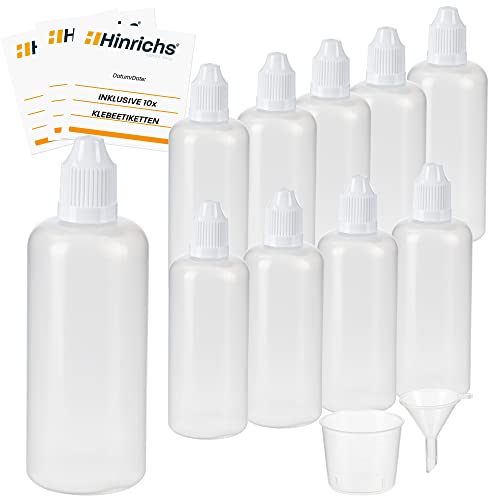 Hinrichs 10 x 100ml Liquid Flaschen mit Trichter, Messbecher und Etiketten - Leere Quetschflasche zum Mischen, Nachfüllen & Dosieren - Tropfflasche Squeeze Bottle - Dosierflasche klein Set Hinrichs 10 x 100ml Liquid Flaschen mit Trichter, Messbecher und Etiketten - Leere Quetschflasche zum Mischen, Nachfüllen & Dosieren - Tropfflasche Squeeze Bottle - Dosierflasche klein Set von Hinrichs