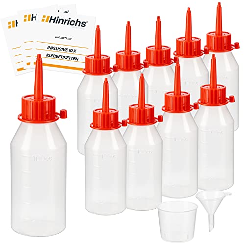 Hinrichs 10 x100 ml Liquid Tropfflasche mit Trichter Messbecher 10 Etiketten - Flüssigkeiten dosieren aufbewahren - LDPE-Qualität - 100ml Liquid Flaschen - Squeeze Bottle - Liquid Flasche von Hinrichs