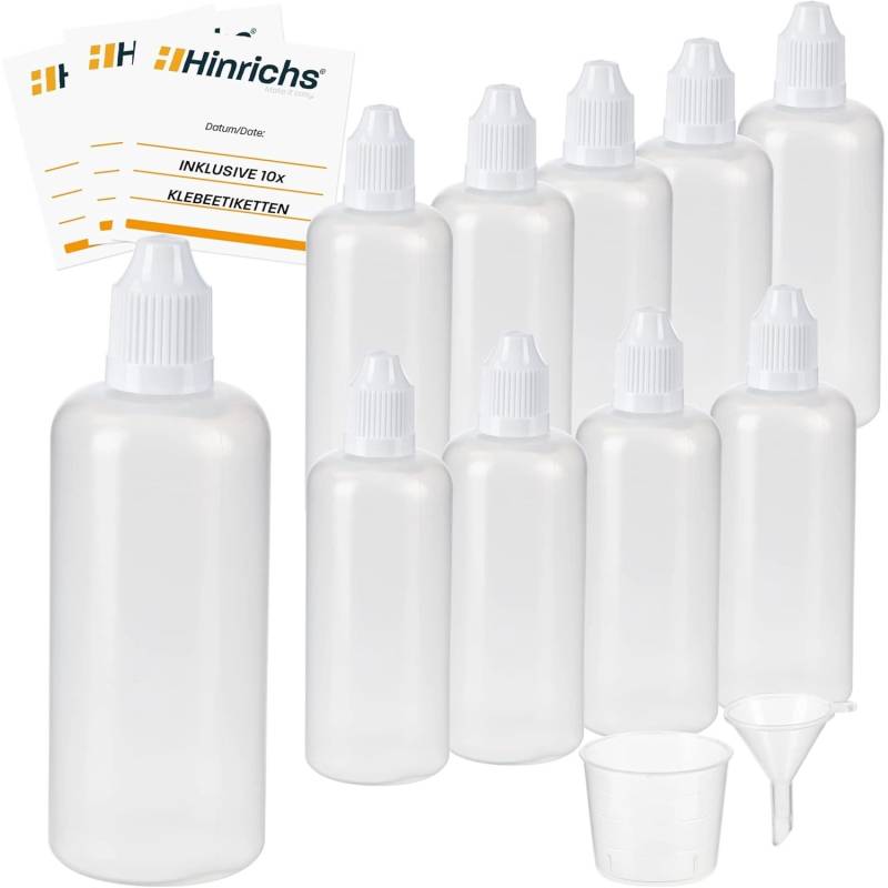 Hinrichs 10 x100 ml Tropfflasche mit Trichter Messbecher 10 Etiketten Weiß von Hinrichs