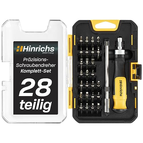 Hinrichs 28-teiliges Präzisionsschraubendreher Set mit Ratsche & Verlängerung - Kreuz-/Schlitz & Torx-Schraubenzieher - 26 CrV Bits & magnetischer Bit Adapter - Feinmechaniker Werkzeug Set von Hinrichs