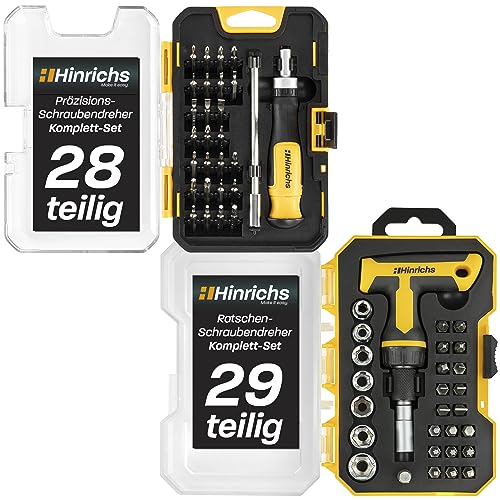 Hinrichs 2er Schraubendreher Set - 29-teiliges Ratschenschraubendreher Set mit T-Griff & 28-teiliges Präzisionsschraubendreher Set - Feinmechaniker Werkzeug Set - Multischraubenzieher Set von Hinrichs