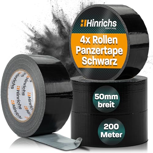 Hinrichs Panzertape schwarz - 4 Rollen 50m x 50mm Gewebeband - extra starkes Klebeband - wasserdichtes Panzerband - breites Gewebeklebeband schwarz - power Duct Tape für Innen und Außen von Hinrichs
