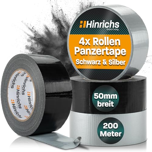 Hinrichs Panzertape silber/schwarz - 4 Rollen 50m x 50mm Gewebeband - extra starkes Klebeband - wasserdichtes Panzerband - breites Gewebeklebeband schwarz/grau - Duct Tape für Innen und Außen von Hinrichs